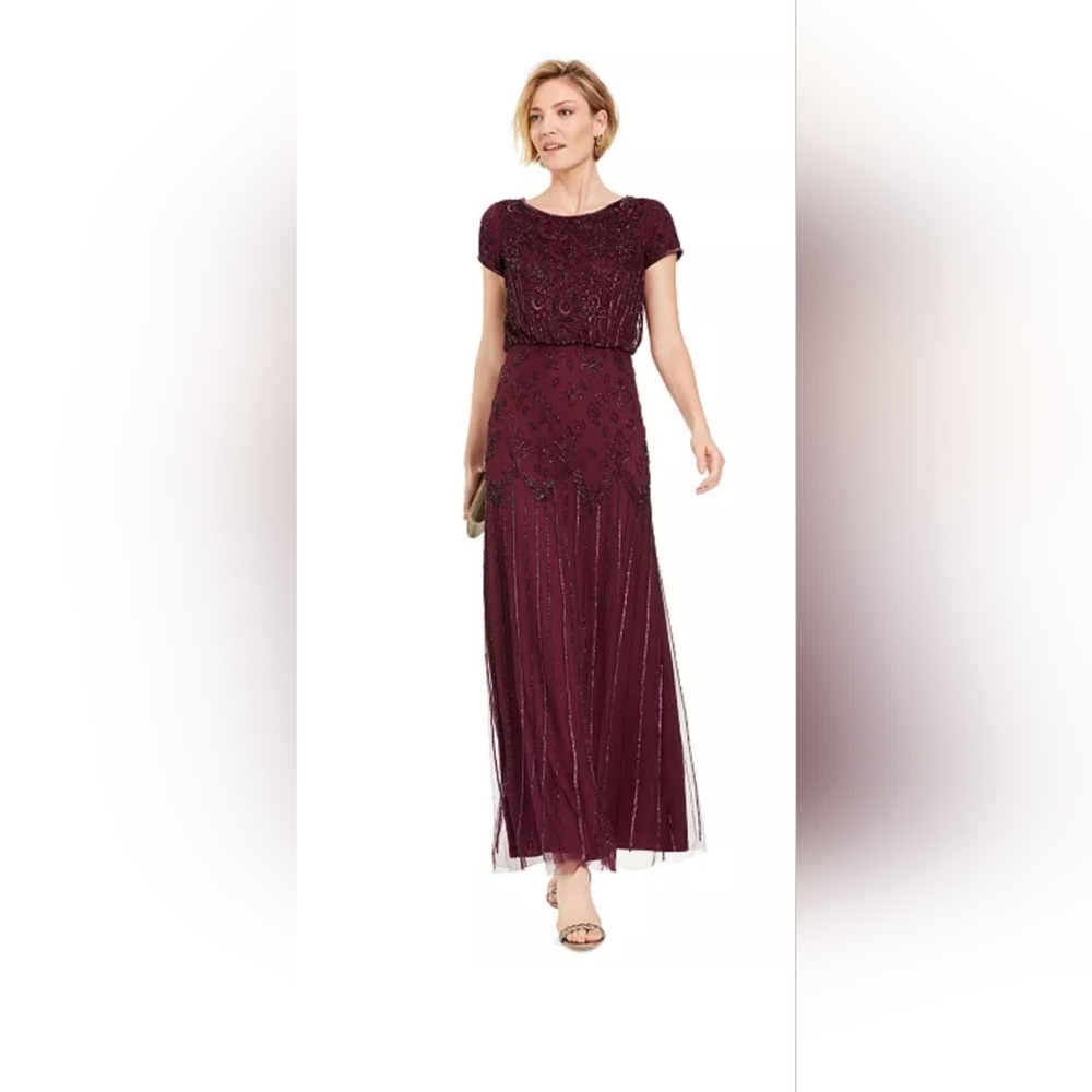 Adrianna Papell Burgundy Beaded Maxi Dress